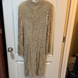 Vintage Chic Long Sleeve Lace Dress in Gold with Pearl Accents